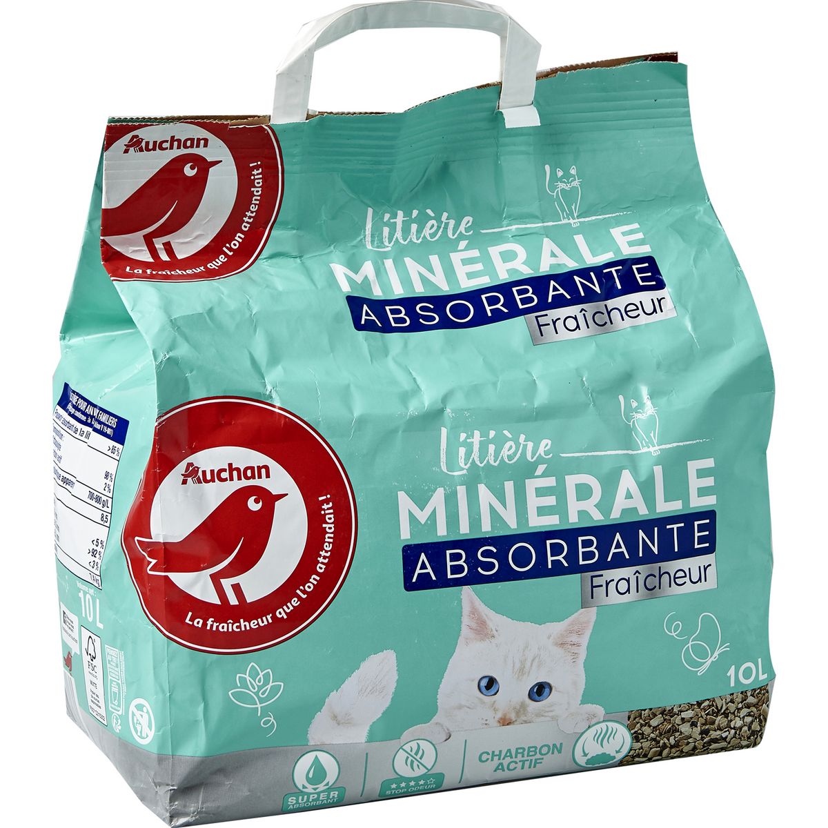 AUCHAN Litière minérale absorbante fraîcheur stop odeur charbon actif pour chat 10l