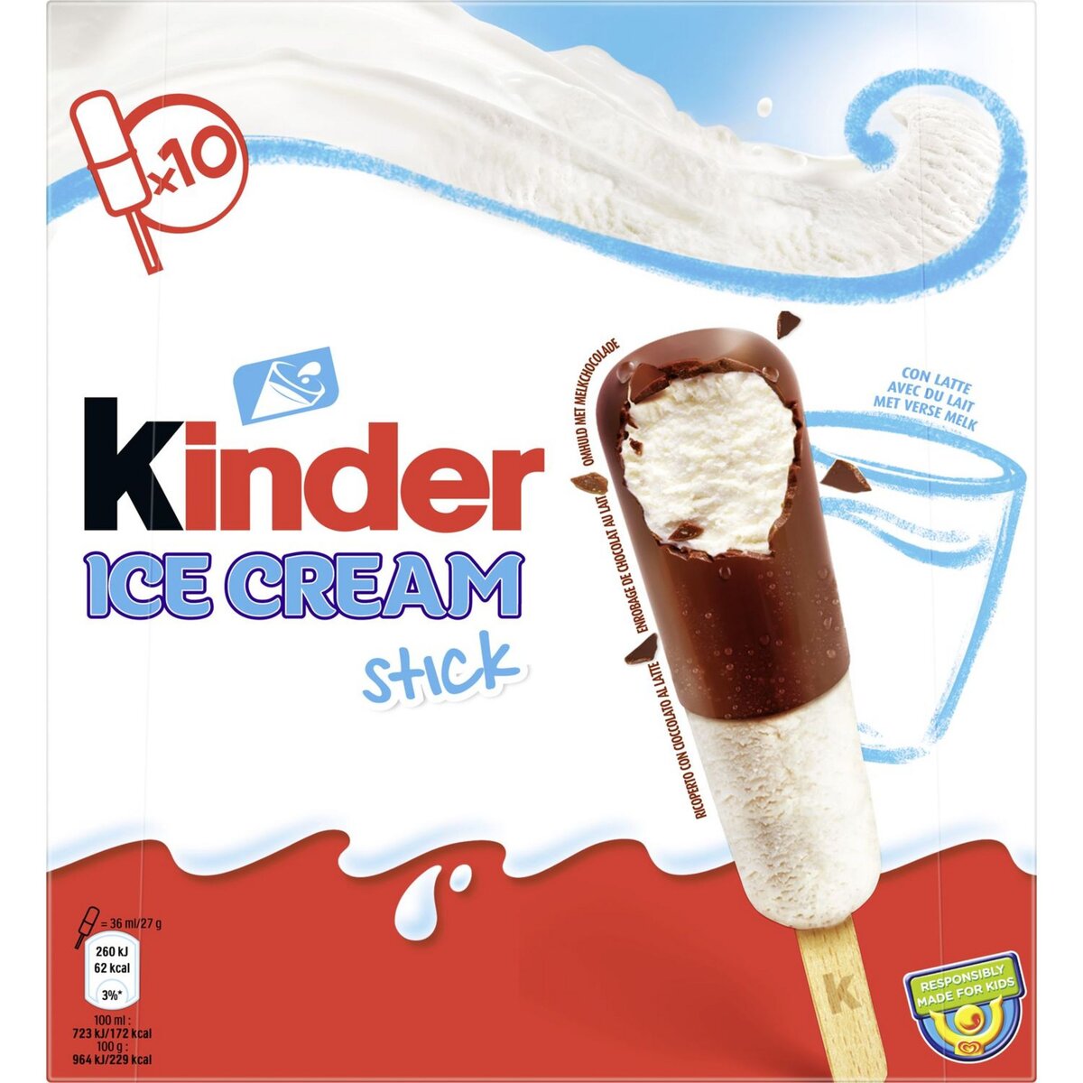 KINDER Bâtonnet glacé au chocolat et au lait 10 pièces 270g
