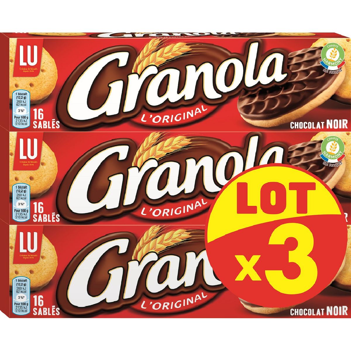 GRANOLA Biscuits sablés nappés de chocolat noir 3x16 biscuits 3x195g