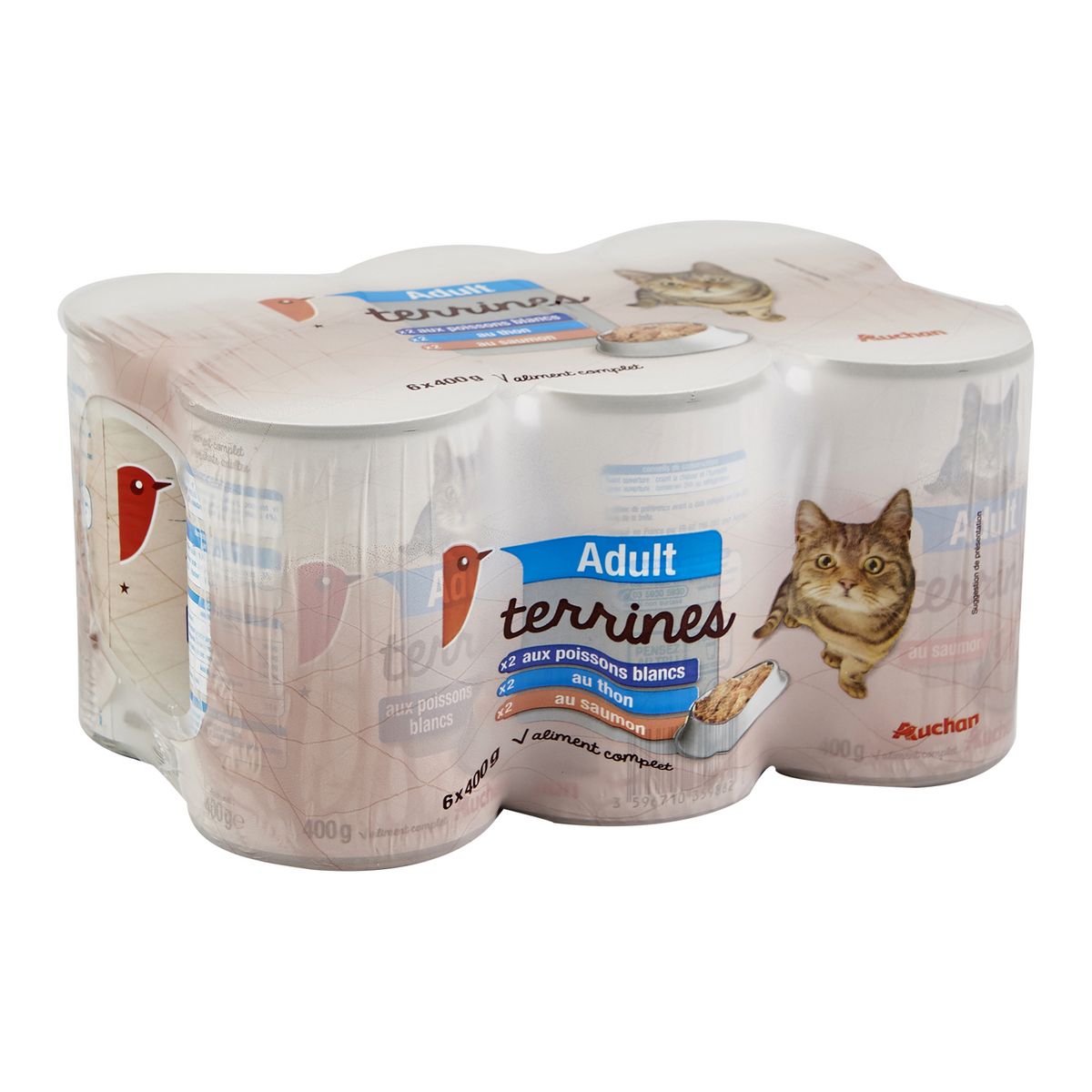 AUCHAN Adult boîtes terrines de pâtée poissons pour chat 6x400g