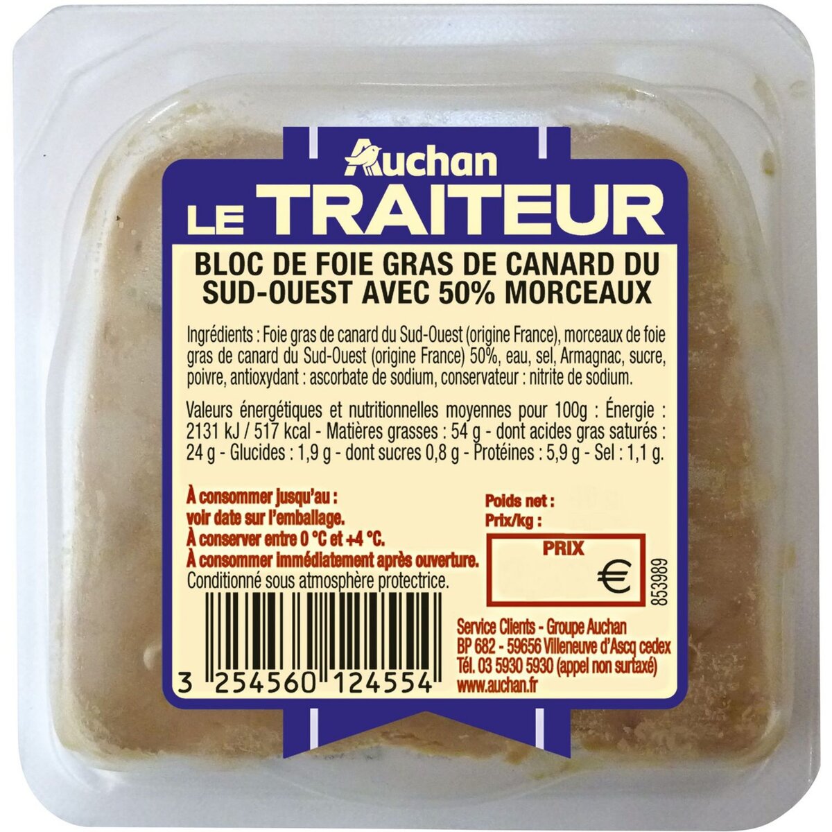 AUCHAN Bloc de foie gras avec 50% de morceaux de canard du Sud-Ouest   40g