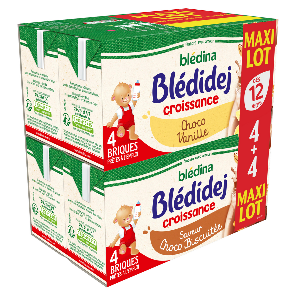 BLEDINA Blédidej céréales lactées croissance choco vanille ou biscuitée 8x250ml
