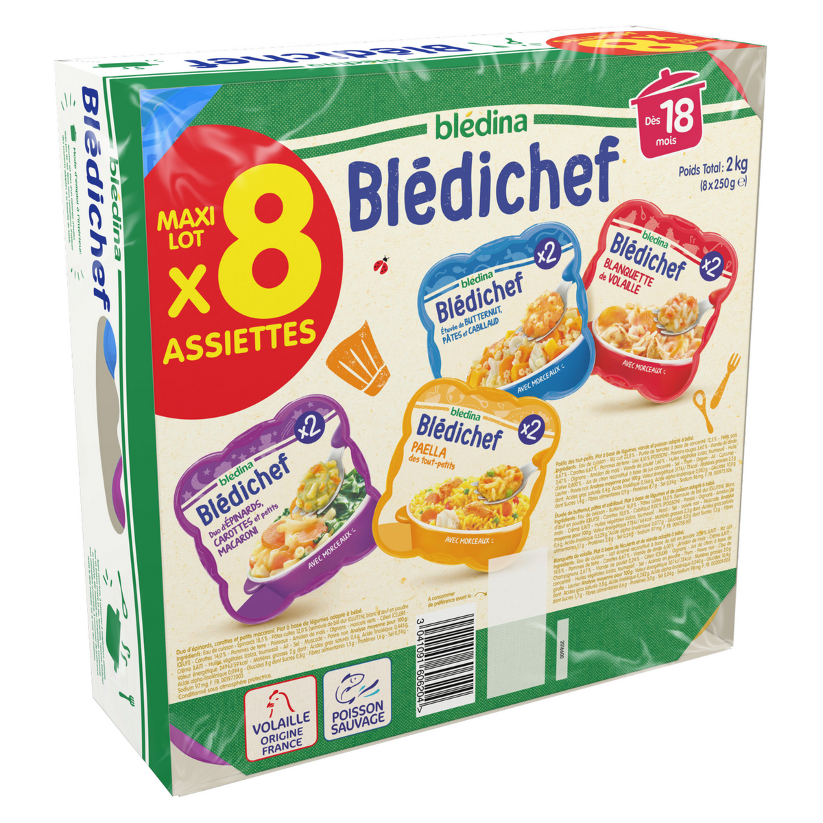 BLEDINA Blédichef Assiette repas volaille poisson paella avec morceaux dès 18 mois 8x250g