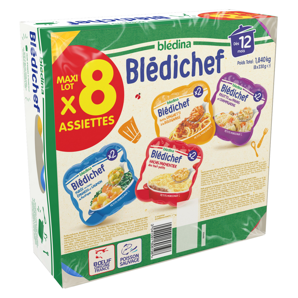 BLEDINA Blédichef Assiette repas petits morceaux risotto purée hâchis 12 à  15 mois 8x250g pas cher 