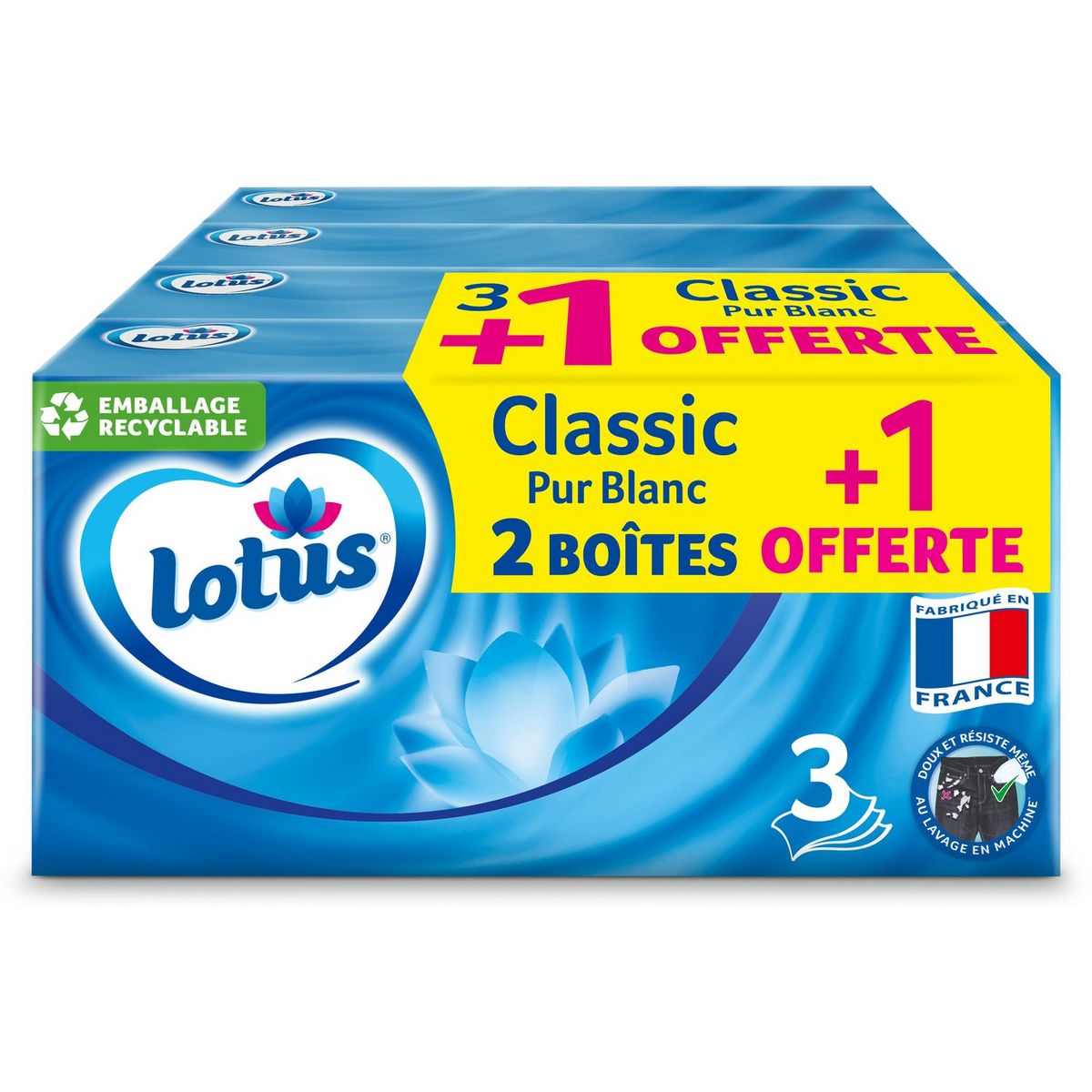 LOTUS Boîte de mouchoirs blancs 3 épaisseurs 3 boîtes +1 offerte
