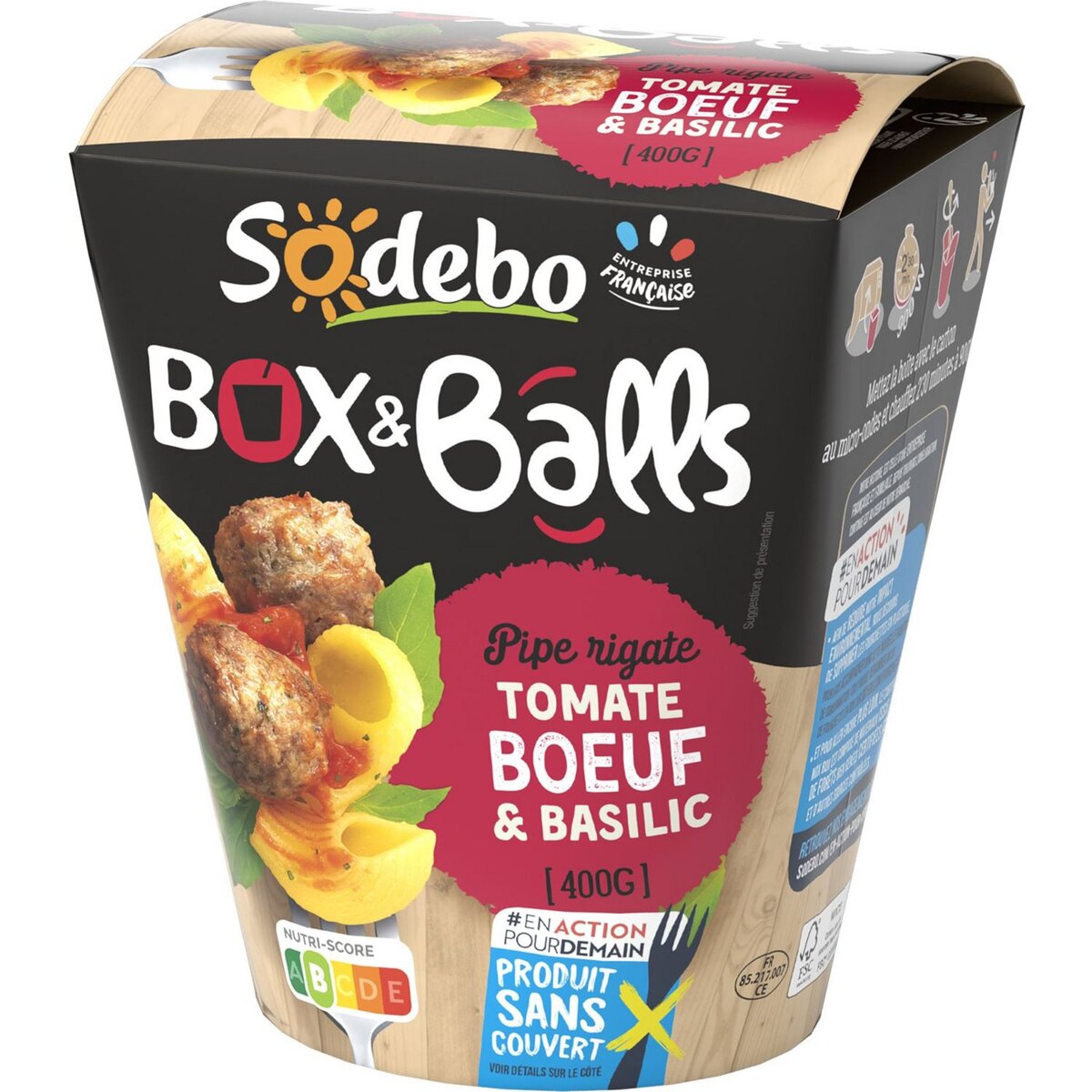 SODEBO Box&Balls Pipe rigate tomate bœuf basilic sans couverts 1 portion 400g