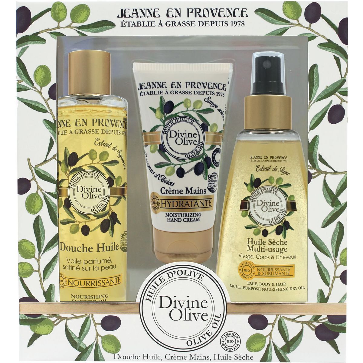 JEANNE ARTHES en Provence Coffret huile douche crème mains et huile sèche 3 pièces