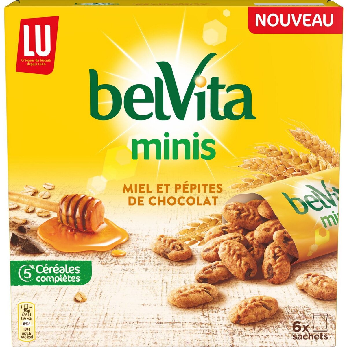 BELVITA Mini biscuits petit-déjeuner miel et pépites de chocolat 6 sachets 210g