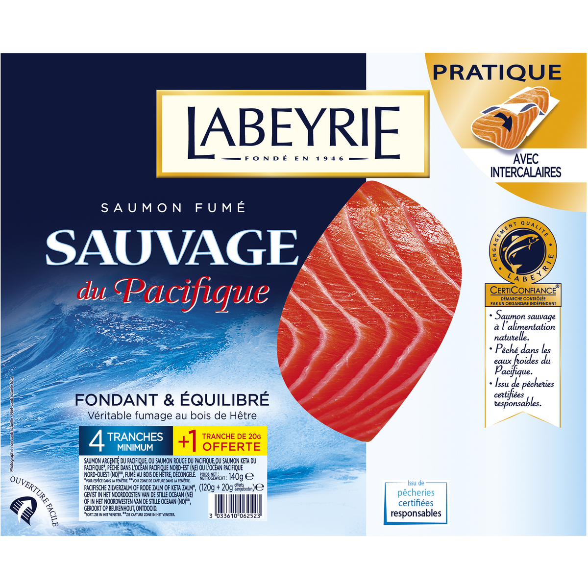 LABEYRIE Saumon fumé sauvage du Pacifique 4+1 tranches 140g