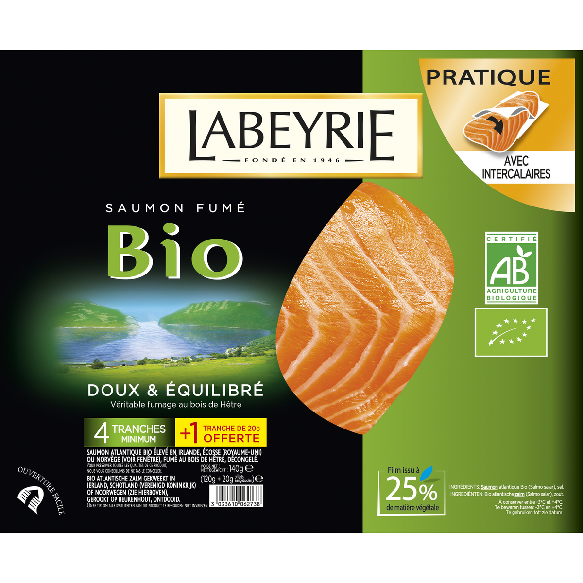 LABEYRIE Labeyrie Saumon fumé bio en tranche x4+1 offerte 140g 4 tranches +1 offerte 140g