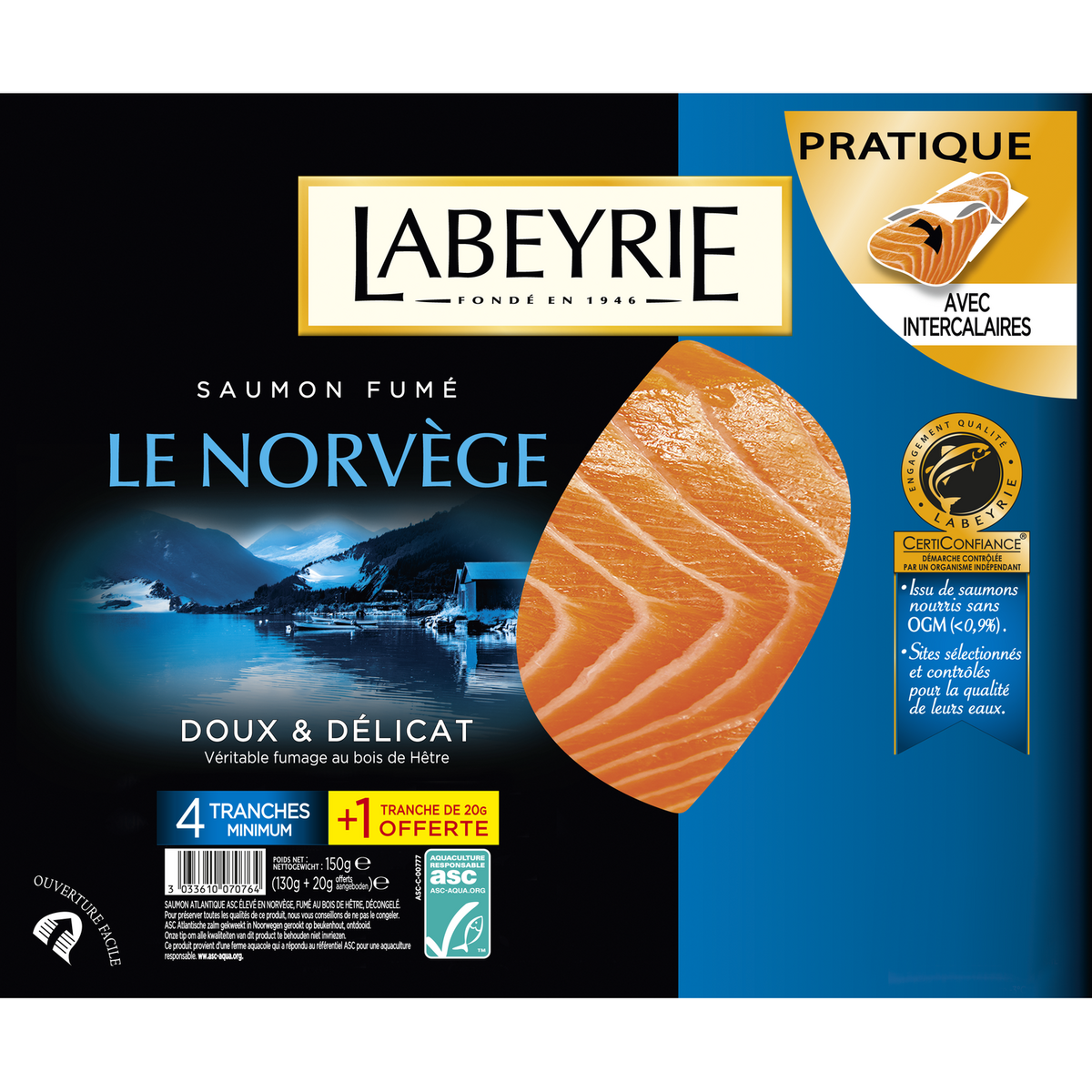 LABEYRIE Saumon fumé de Norvège 4 tranches + 1 offerte 150g