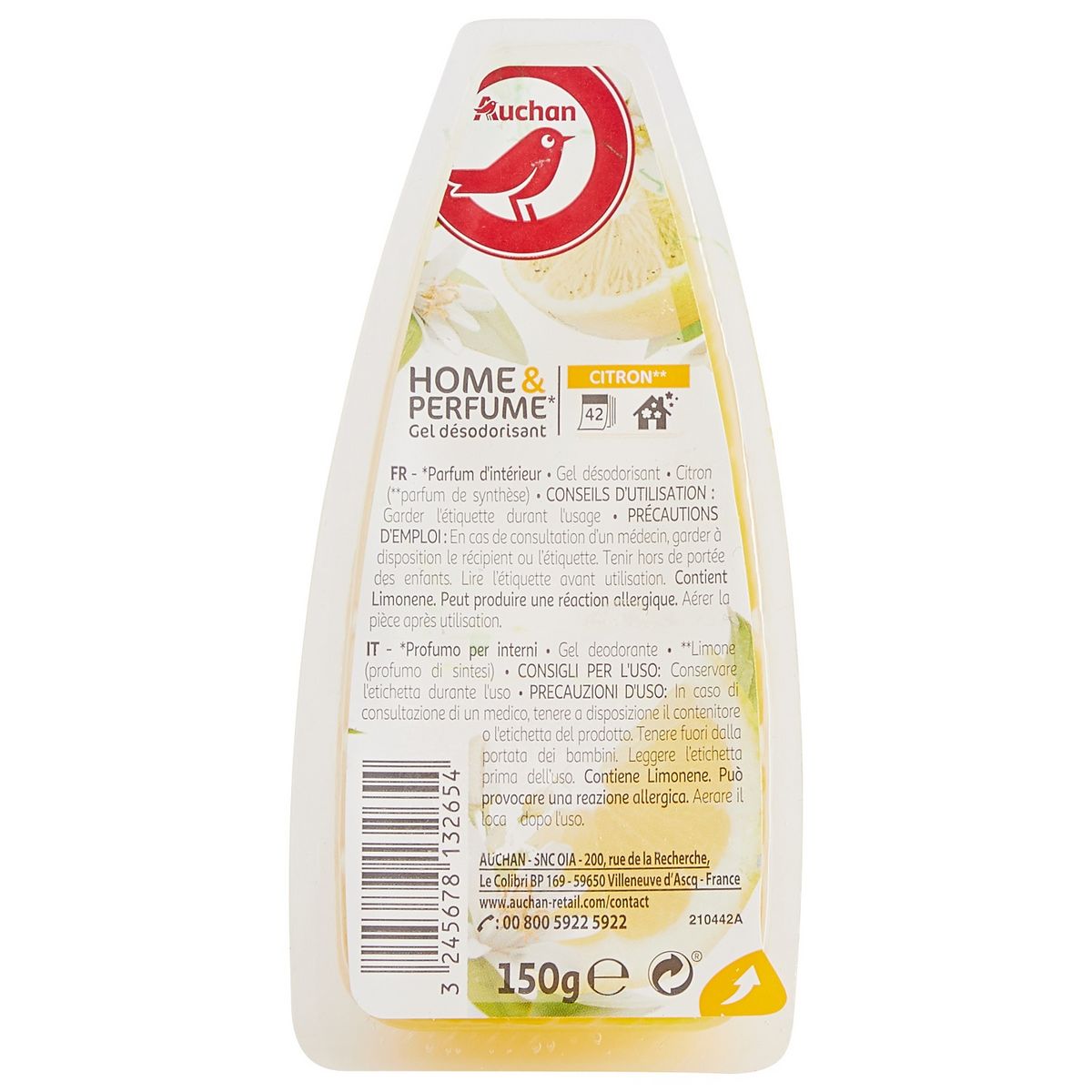 AUCHAN Home & perfume gel désodorisant au citron 150g