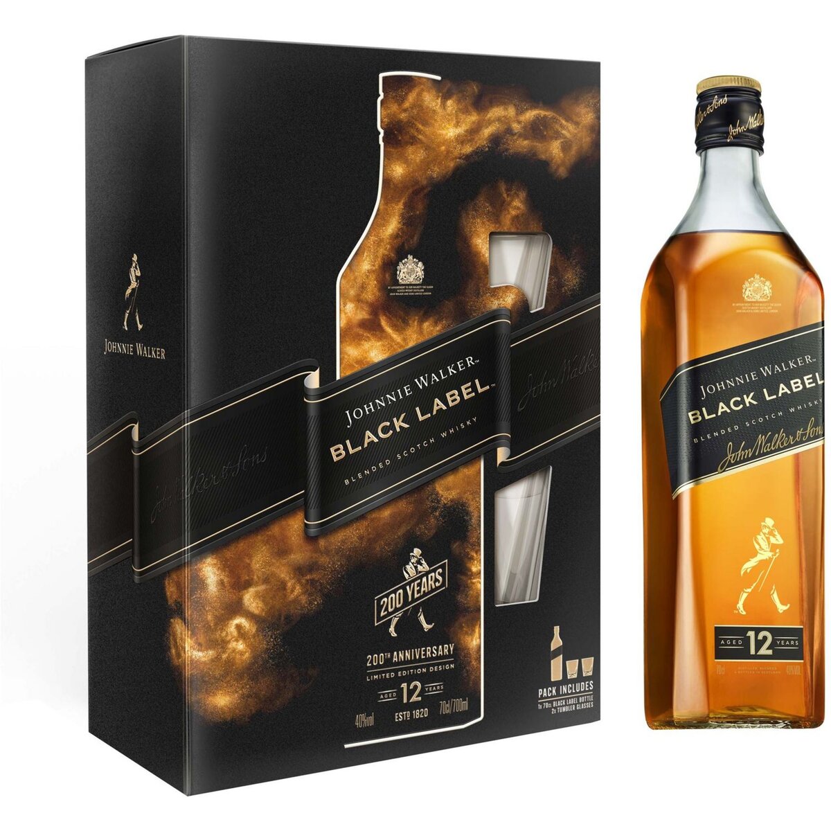 JOHNNIE WALKER Scotch Whisky blended Black Label + 2 verres 70cl