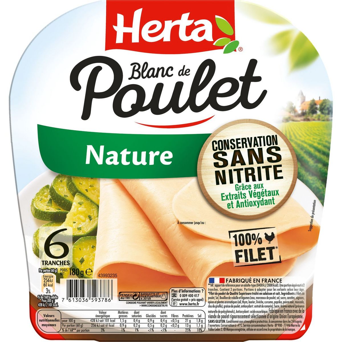 HERTA Blanc de poulet nature sans nitrites 6 tranches 180g