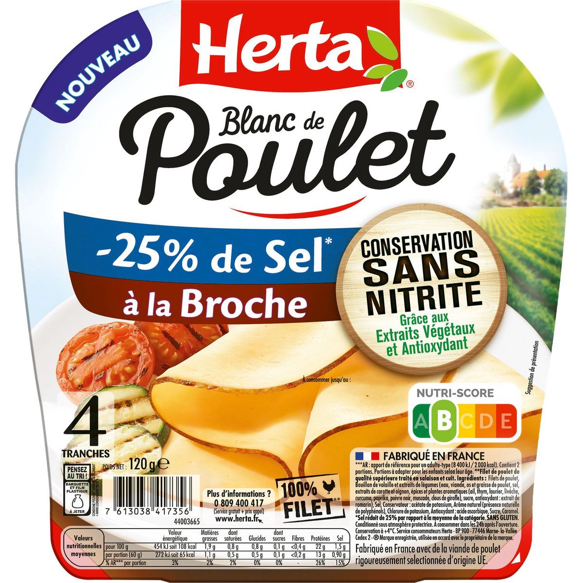 HERTA Blanc de poulet à la broche sel réduit de 25% 4 tranches 120g
