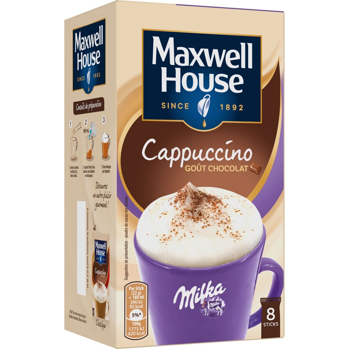 MAXWELL HOUSE Cappuccino café soluble goût chocolat en stick 8 sticks 176g