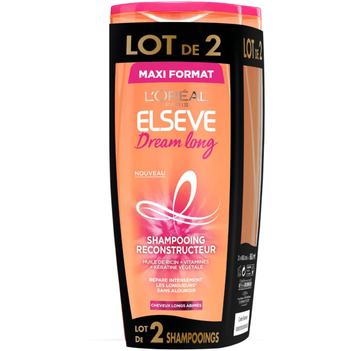 ELSEVE Dream Long Shampooing reconstructeur enrichi en Huile de ricin et kératine pour cheveux Longs  2x400mL 