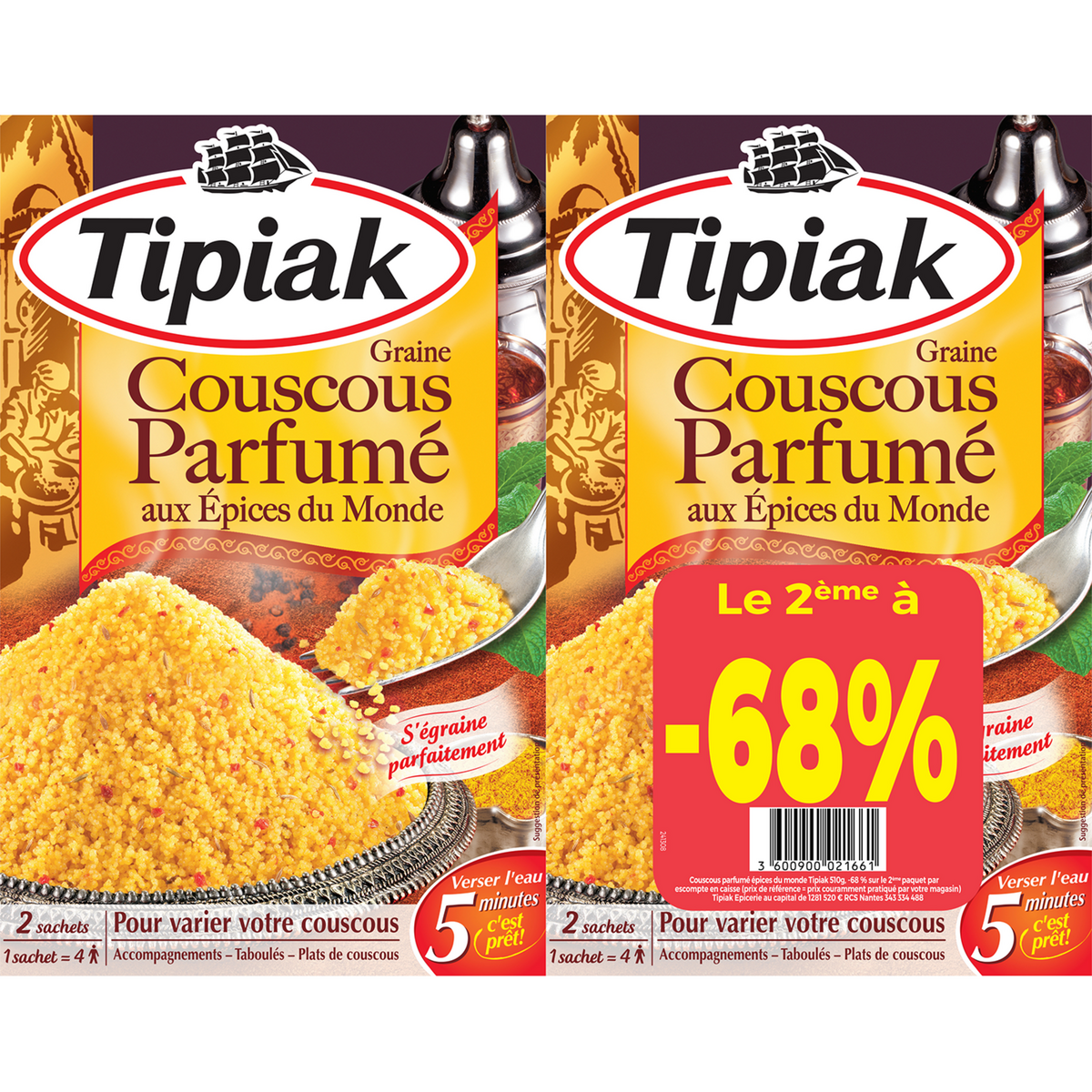 TIPIAK Couscous parfumé aux épices du monde 2éme à -68% 2x510g