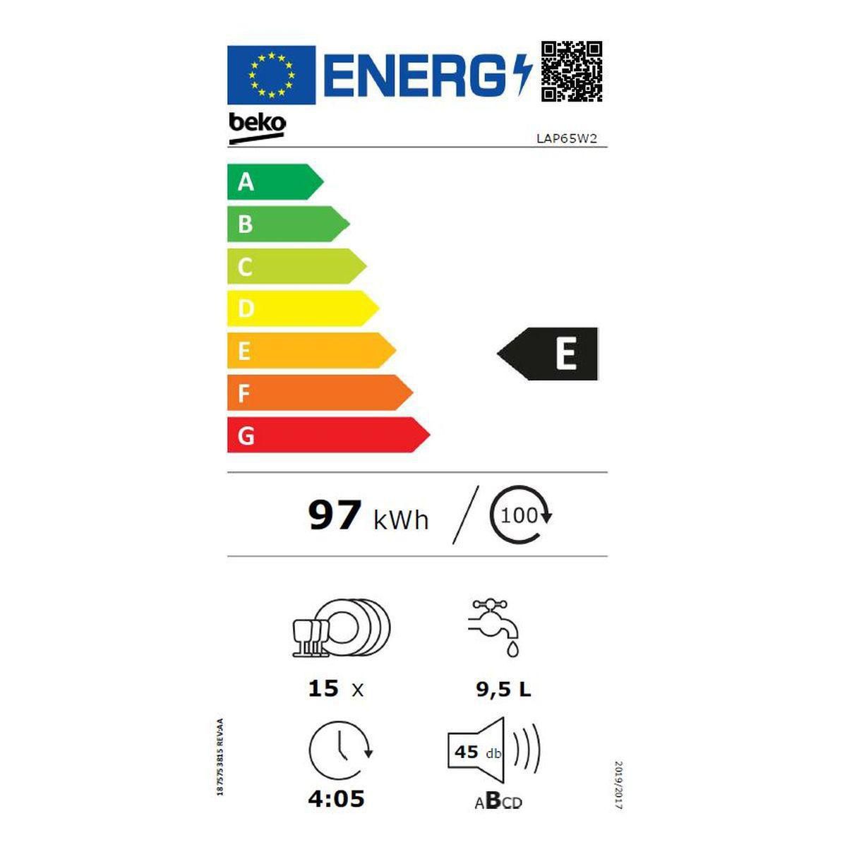 BEKO Lave-vaisselle pose libre LAP65W2, 15 couverts, 60 cm, 45 dB, 6 Programmes