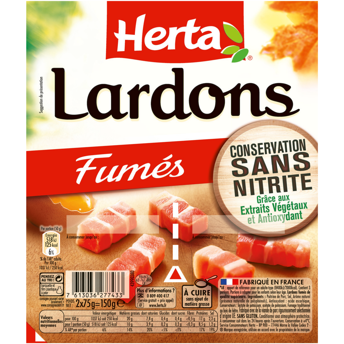 HERTA Lardons fumés sans nitrite 2x75g