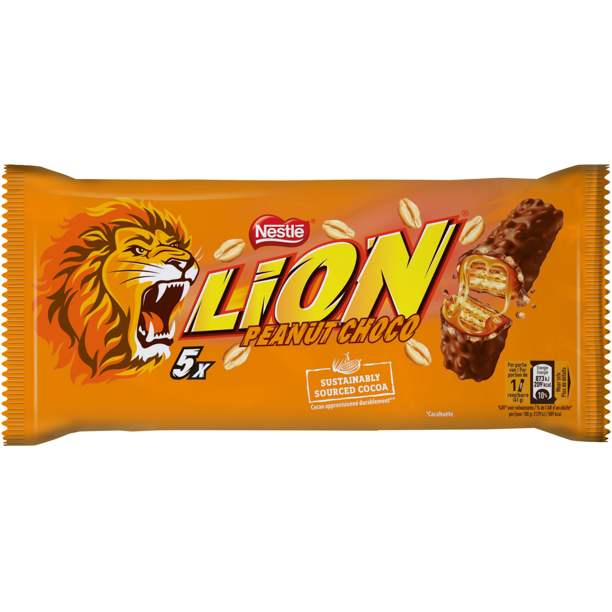 LION Barres chocolatées caramel et cacahuètes 5x41g
