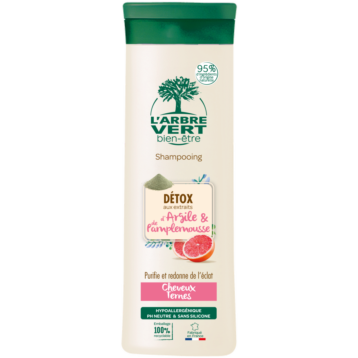 Pollution, poussière et excès de produits cosmétiques empêchent le cuir chevelu de respirer. Ce shampooing DETOX aux extraits d’Argile & de Pamplemousse, lave vos cheveux en douceur, les purifie et les rend plus lumineux. 250ml