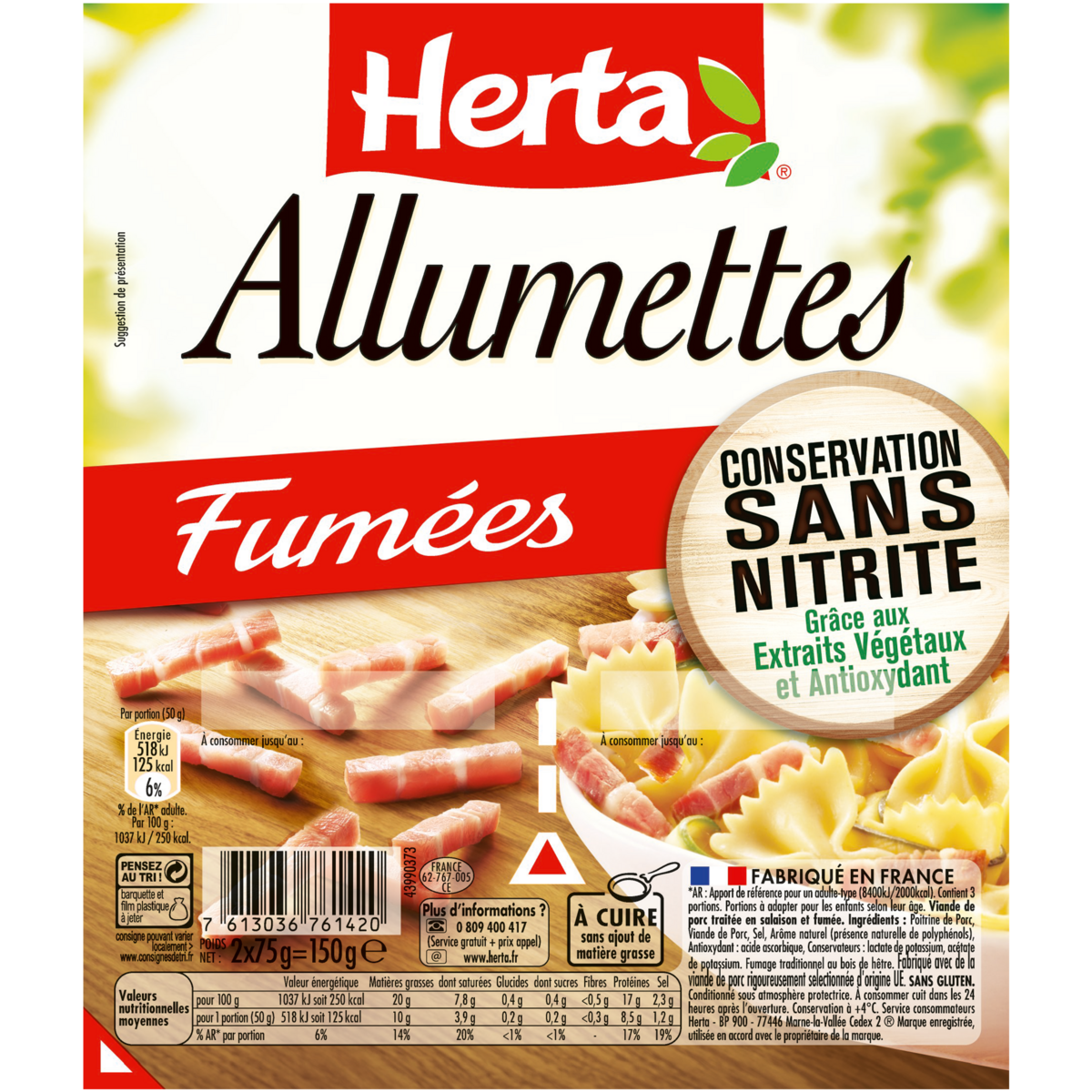 HERTA Allumettes fumées sans nitrite 2x75g