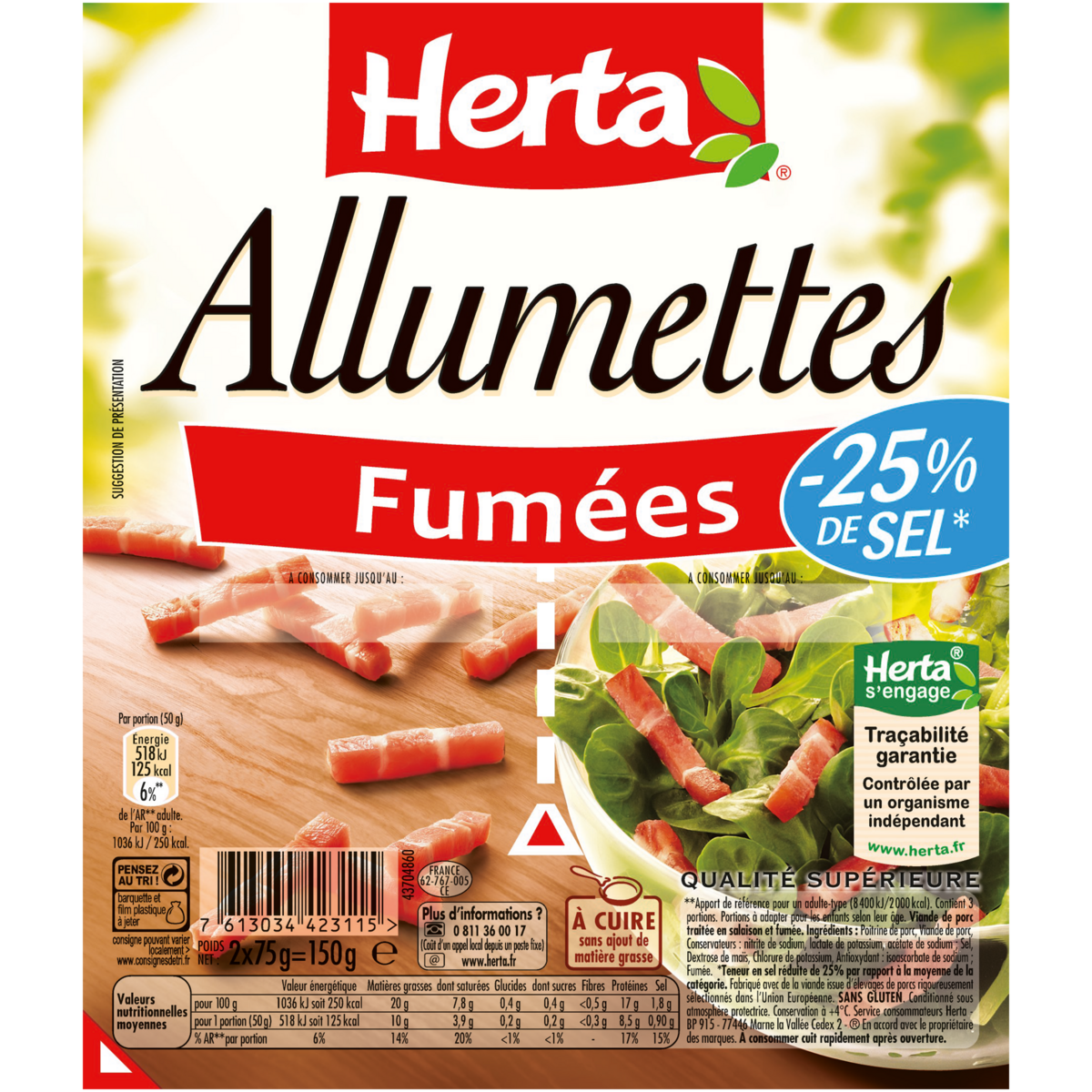 HERTA Allumettes fumées -25% de sel 2x75g