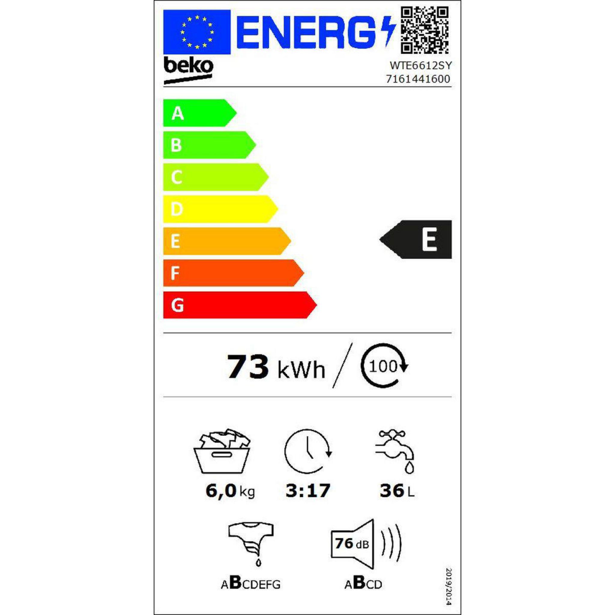 Voir la diapositive 2 : BEKO Lave linge hublot WTE6612SY, 6 kg, 1200 T/min