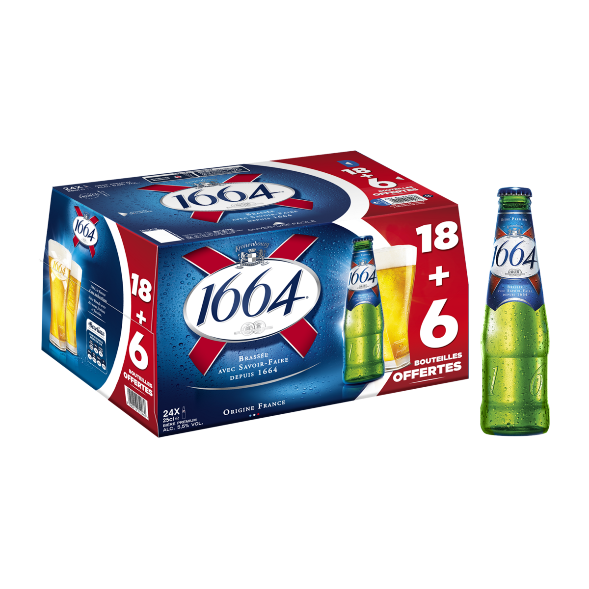 1664 Bière blonde premium origine France 5,5% dont 6 offertes 24x25cl