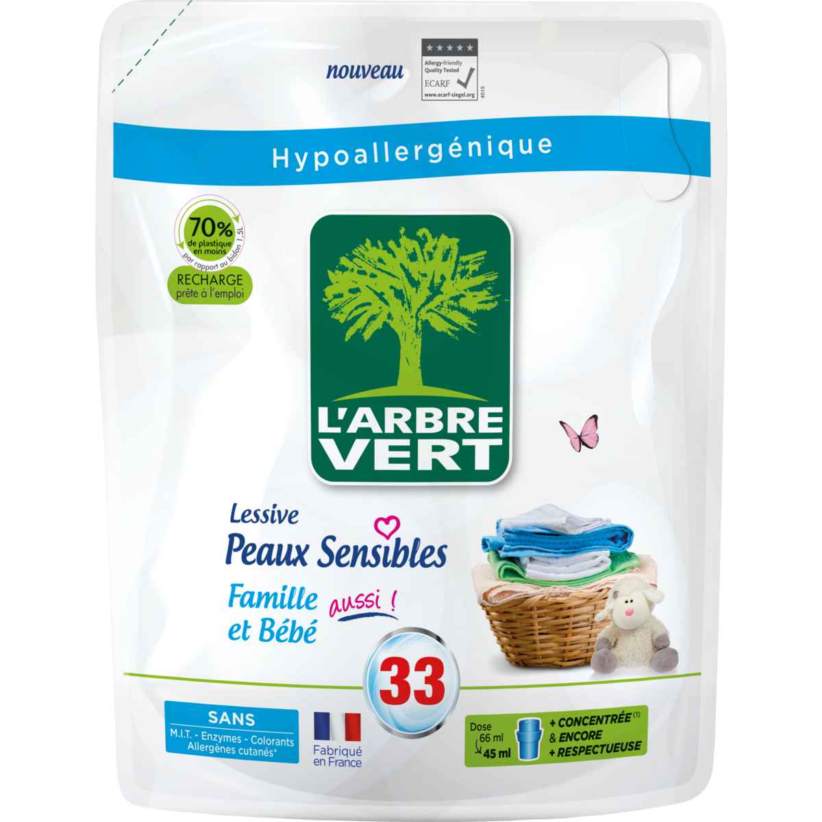 L'ARBRE VERT Lessive hypoallergénique famille et bébé 33 lavages 1,5l