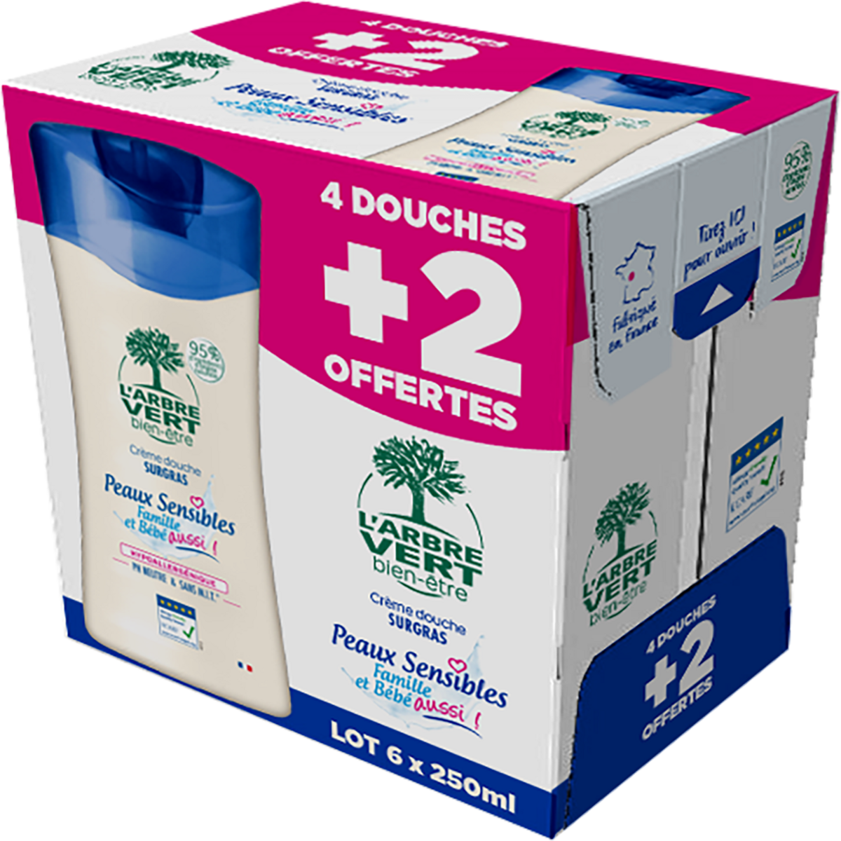 L'ARBRE VERT Crème douche surgras peaux sensibles 4x250ml + 2offerts