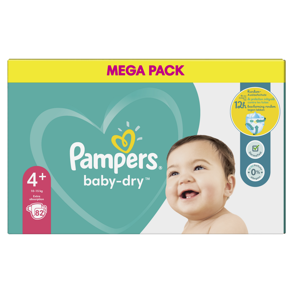 PAMPERS Baby-dry couches taille 4+ (10-15kg) jusqu'à 12h de protection 82 couches