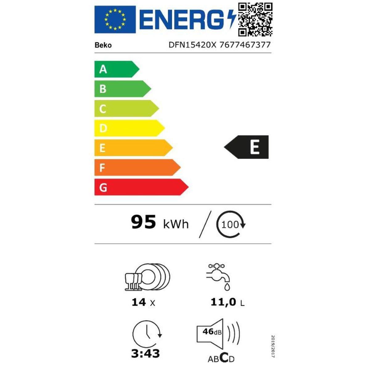 BEKO Lave vaisselle pose libre DFN15420X, 14 couverts, 60 cm, 46 dB, 6 programmes