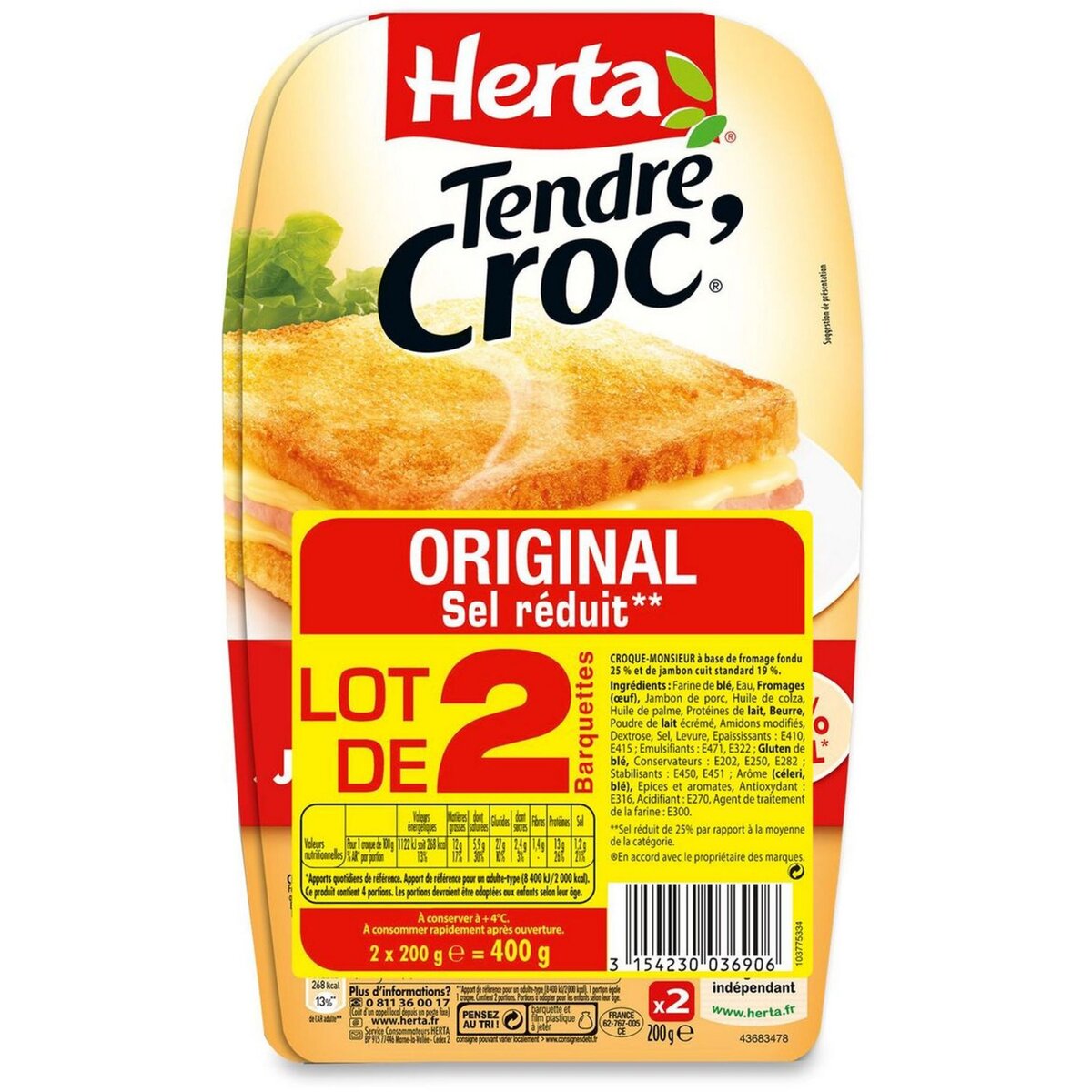 HERTA Herta Tendre Croc' Croque-monsieur fromage jambon sel réduit lot de 2 400g