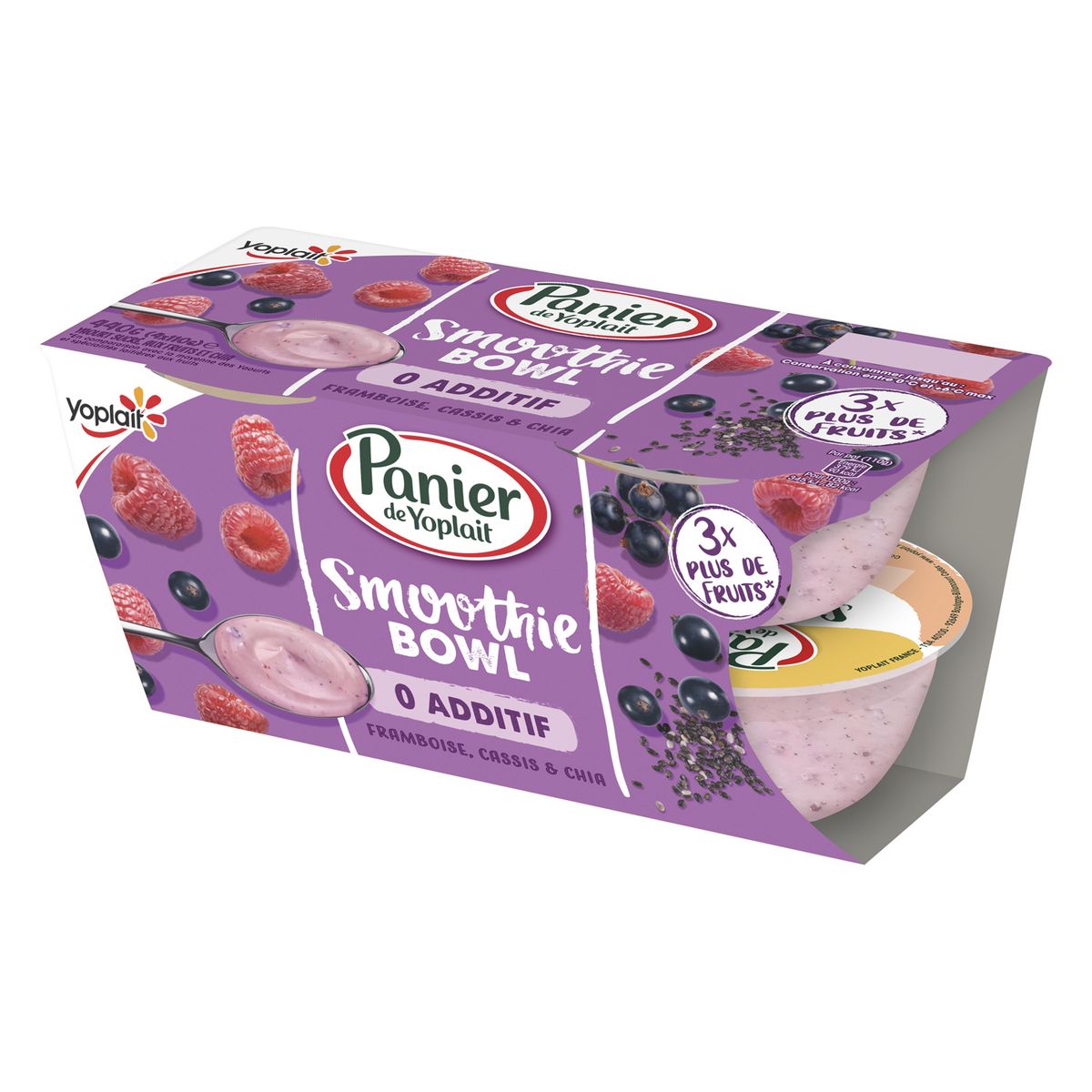 PANIER DE YOPLAIT Yaourt smoothie bowl à la framboise, au cassis et graine de chia 4x110g