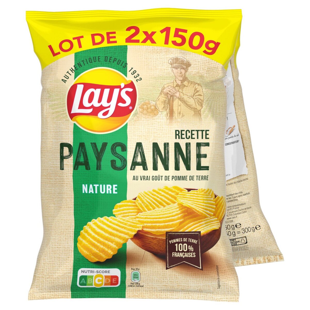 LAY'S Chips ondulées recette paysanne nature lot de 2 2x150g