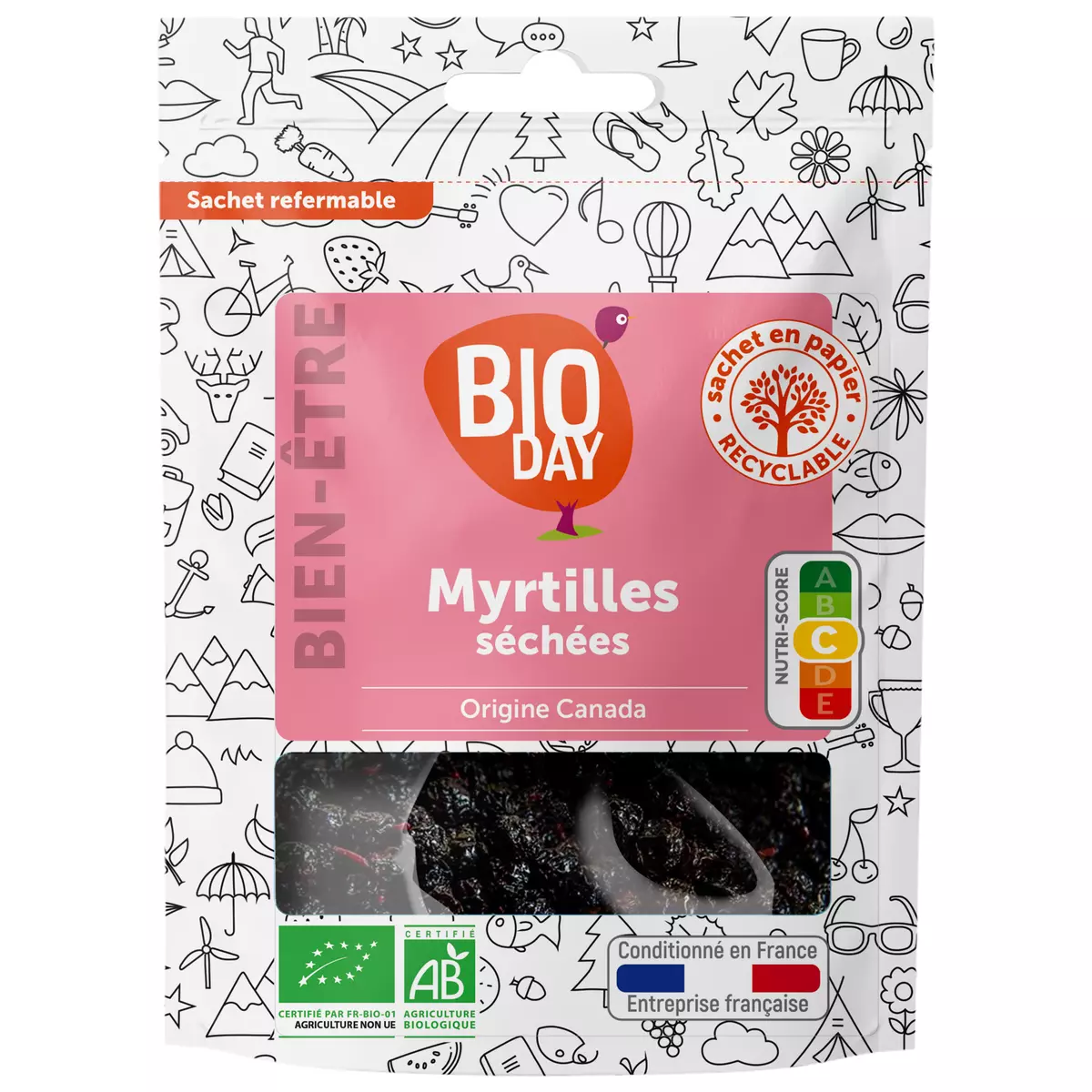 BIODAY Myrtilles séchées sachet refermable 125g