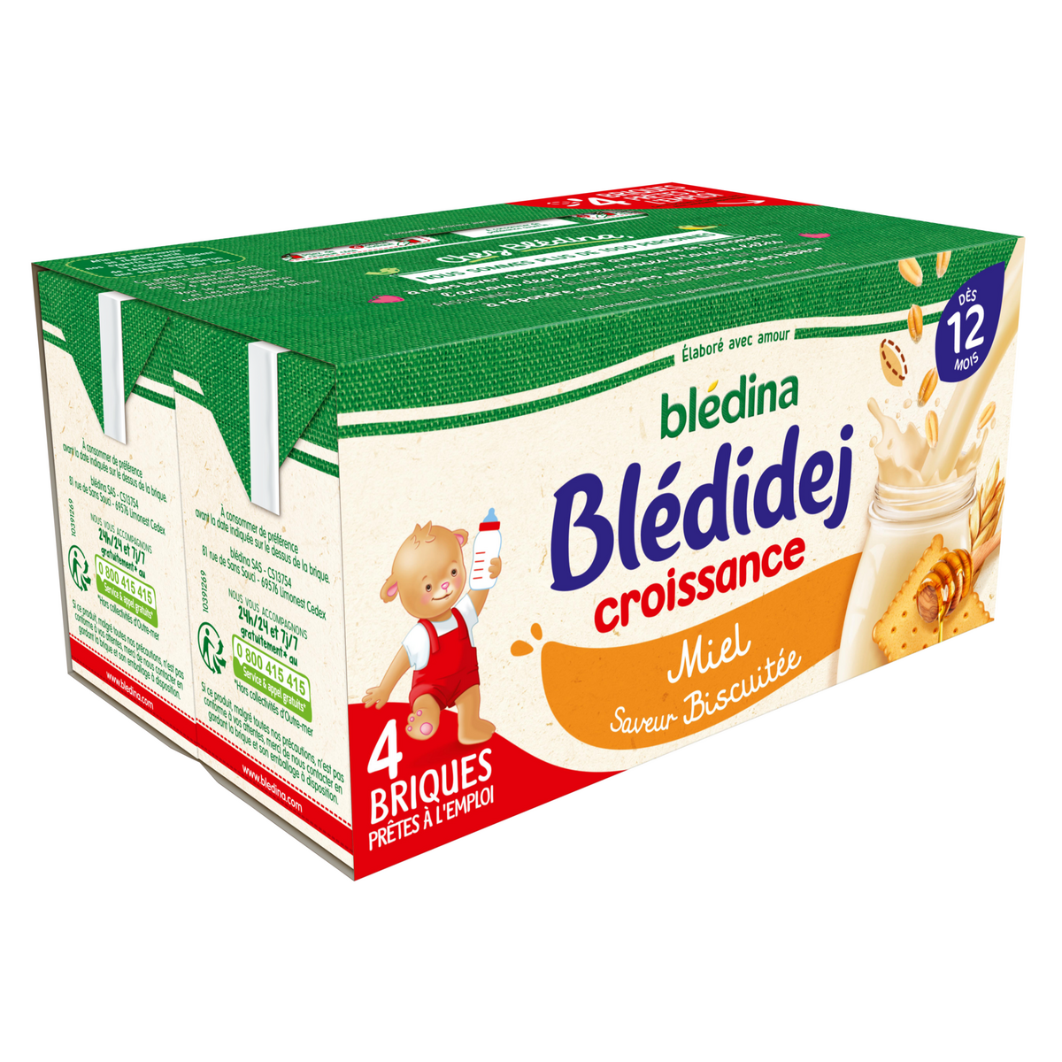 BLEDINA Blédidej céréales lactées saveur biscuité miel dès 12 mois 4x250ml