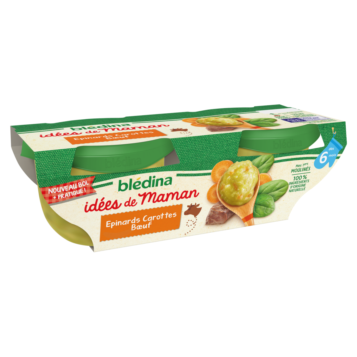 BLEDINA Idées de maman bol épinards carottes et boeuf dès 6 mois 2x200g