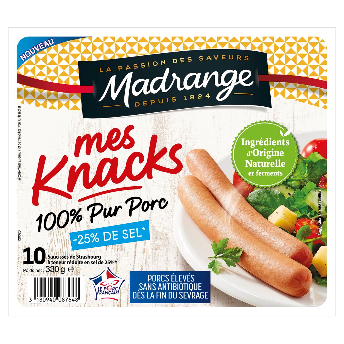 MADRANGE Mes knacks saucisses de Strasbourg pur porc -25% de sel 10 saucisses 330g