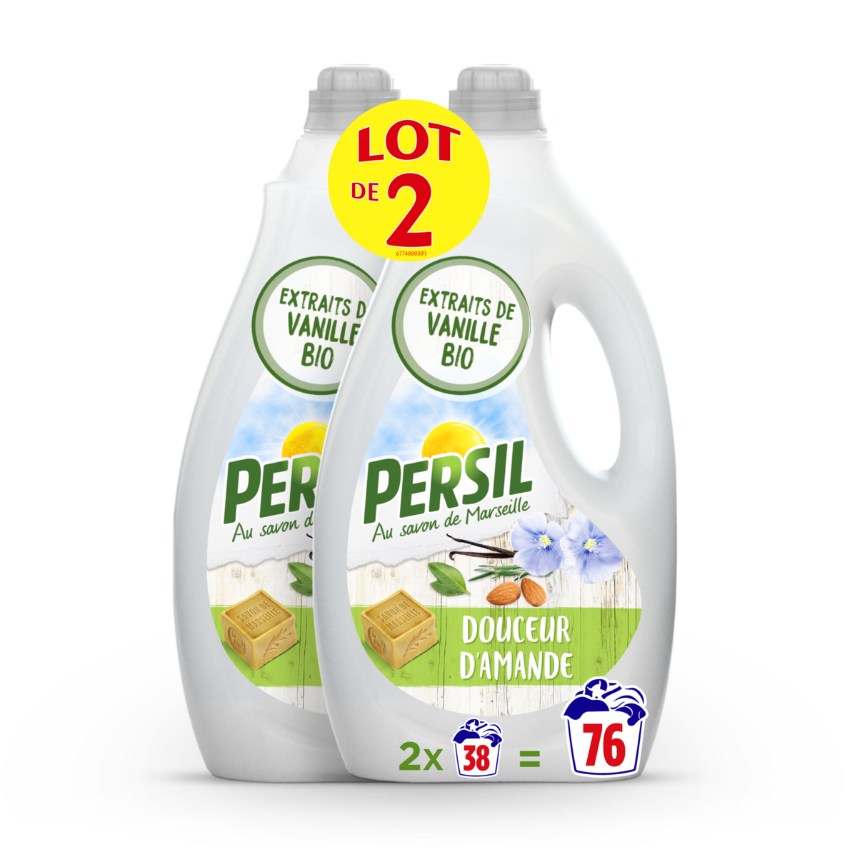 PERSIL Lessive liquide au savon de Marseille douceur d'amande 2x38 lavages 2x1.9l