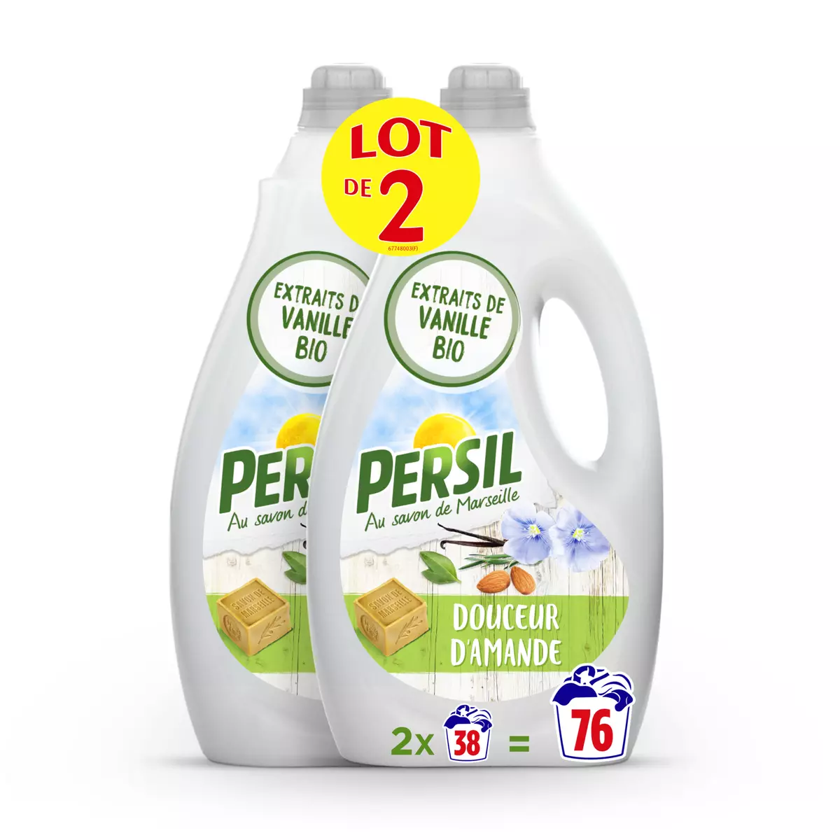 PERSIL Lessive liquide au savon de Marseille douceur d'amande 2x38 lavages 2x1.9l