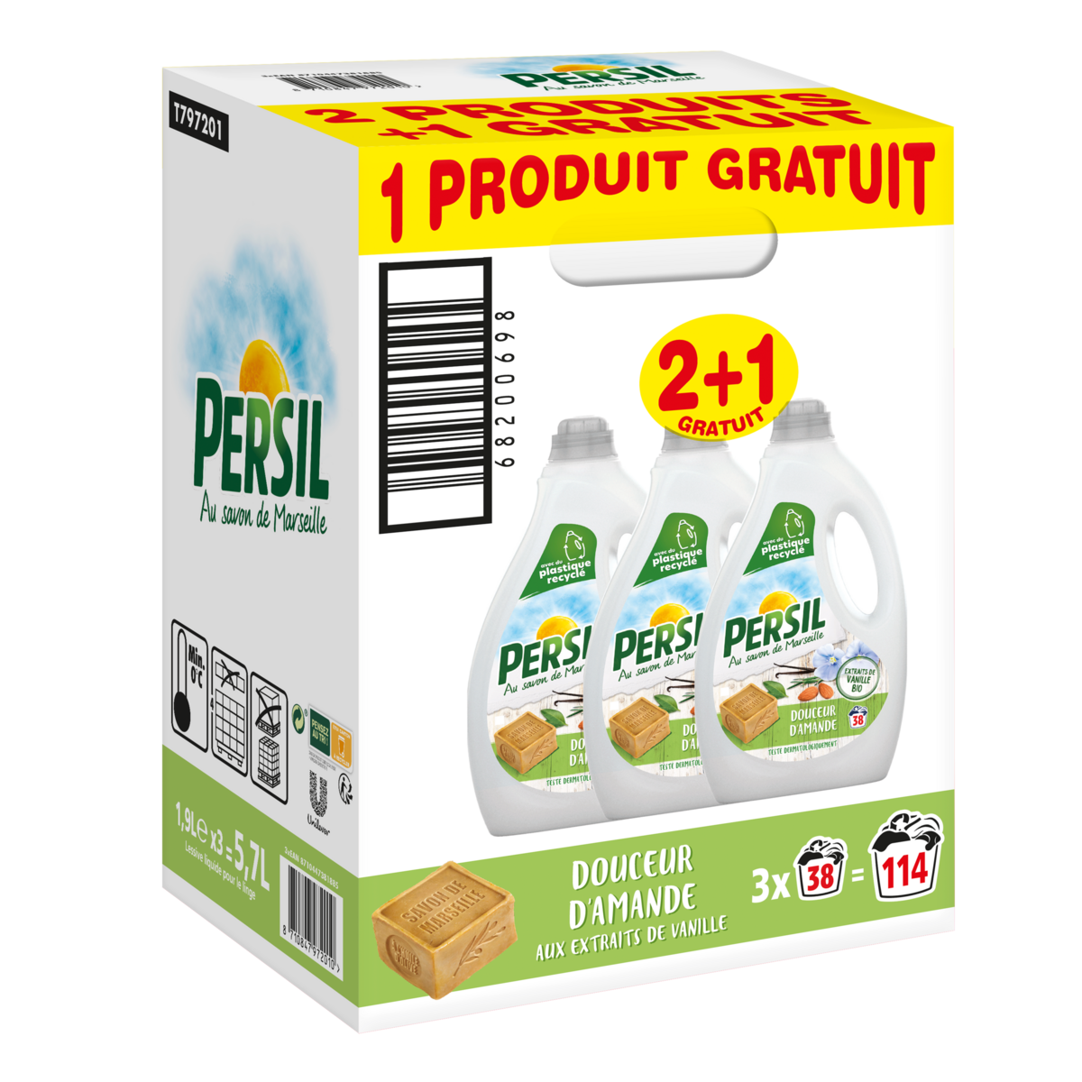 PERSIL Lessive liquide au savon de Marseille douceur d'amande 3x38 lavages 5.7l dont 1.9l offert