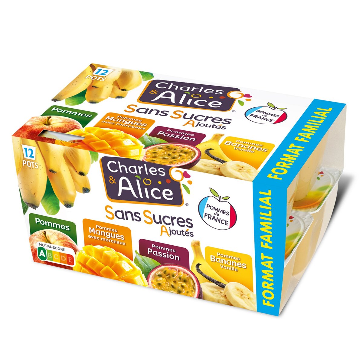 CHARLES & ALICE Spécialité pommes pommes/mangues avec morceaux pommes passion pommes bananes vanille sans sucres ajoutés 12x100g