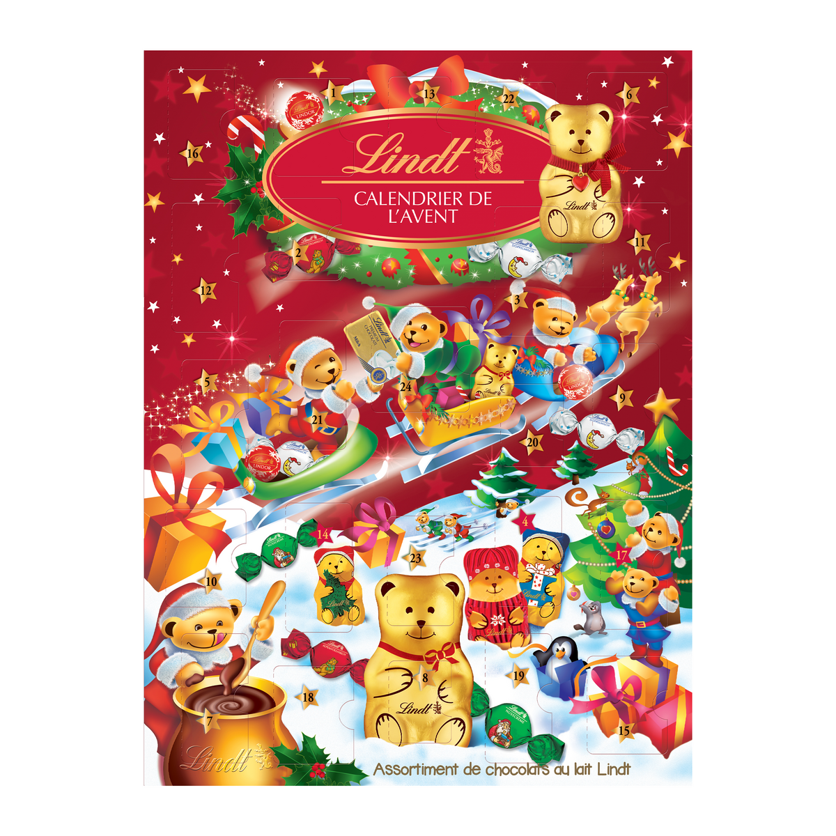 LINDT Calendrier de l'Avent assortiment de bouchées de chocolats au lait, fourrées 172g