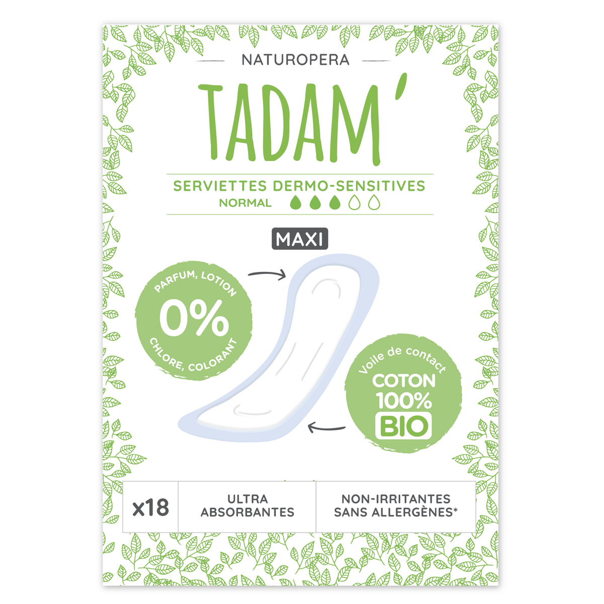 TADAM Serviettes hygiéniques sensitives sans ailettes 100% coton bio normal 18 serviettes