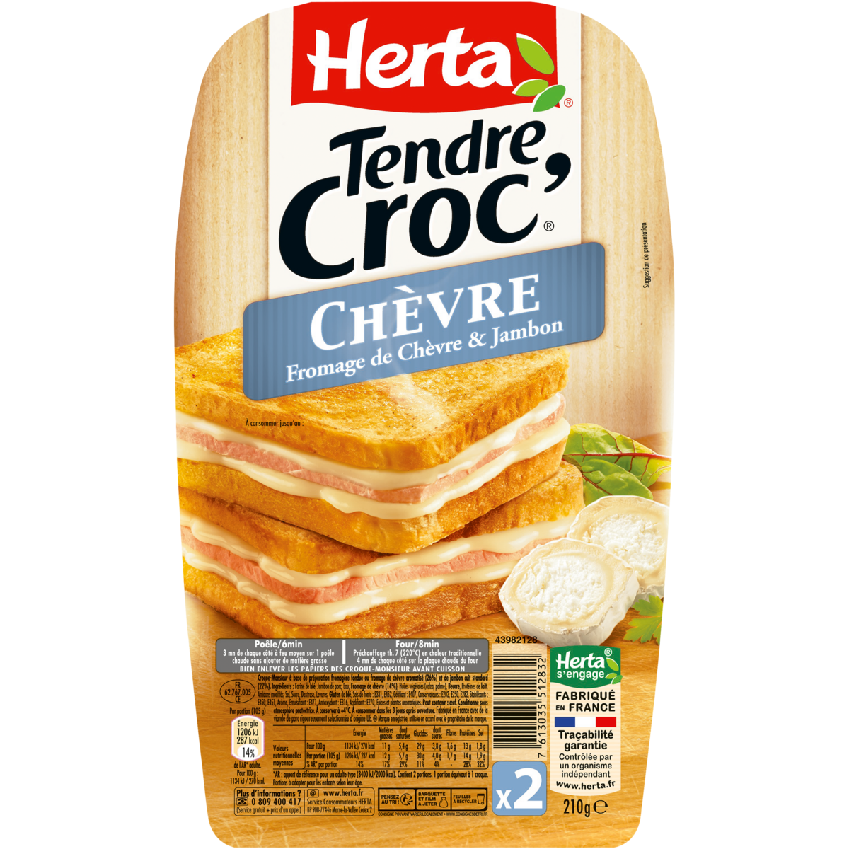 HERTA Tendre croc' au chèvre et jambon 2 pièces 210g