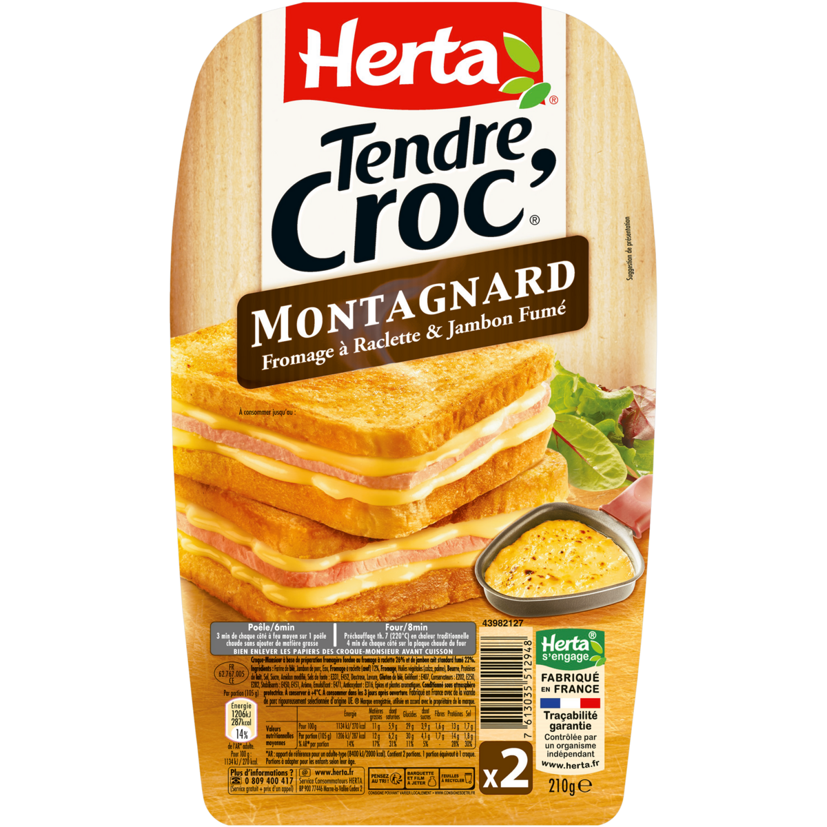 HERTA Tendre croc' montagnard au fromage à raclette et au jambon fumé 2 pièces 210g