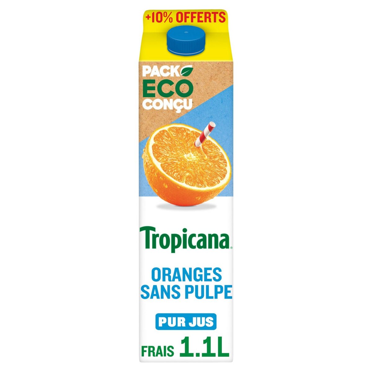 TROPICANA Jus d'orange pressé sans pulpe  1l +10% offert